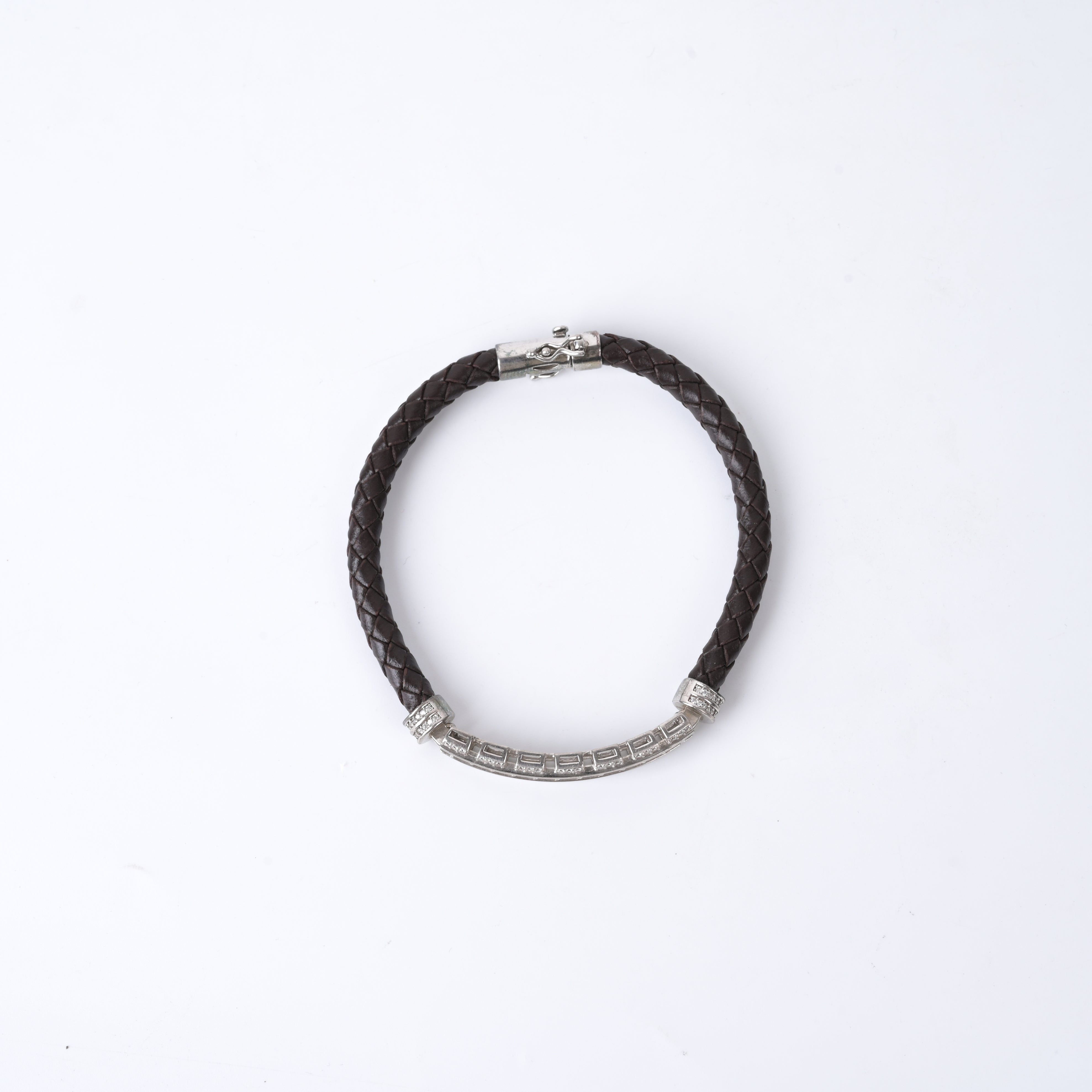 925 Silver CZ Diamond Band With Classic Brown Leather Straps