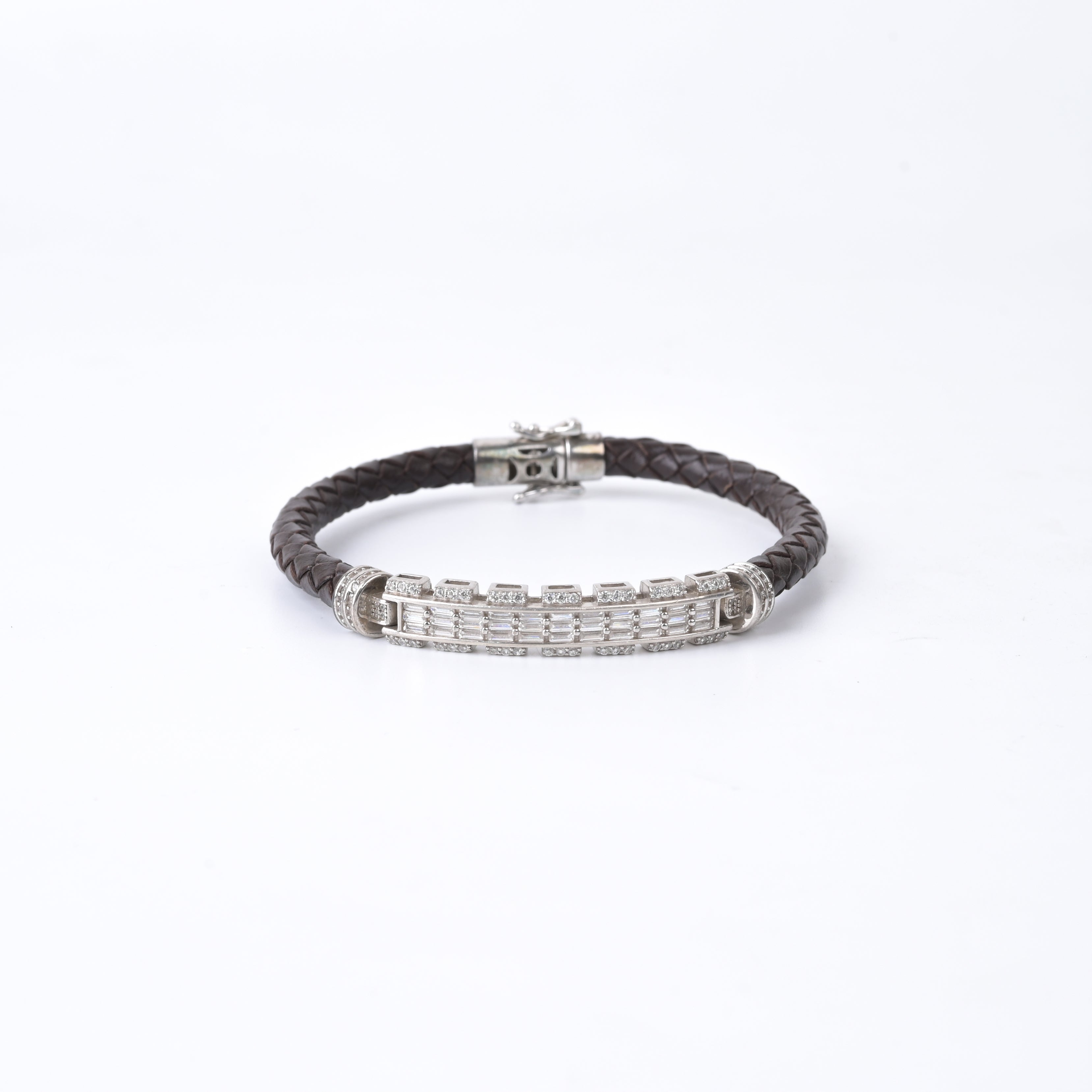 925 Silver CZ Diamond Band With Classic Brown Leather Straps