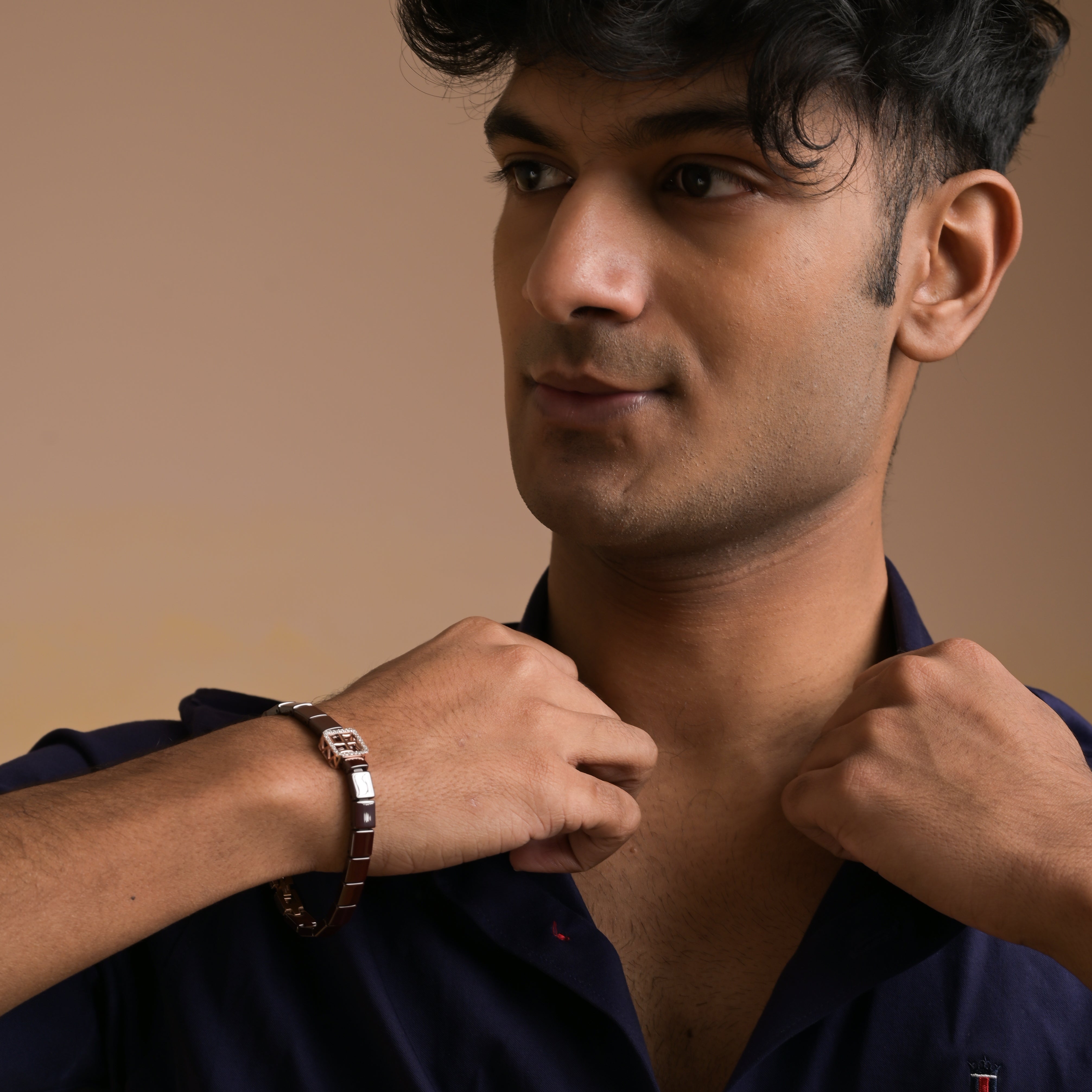 925 Silver Swastik Band Brown Ceramic Band