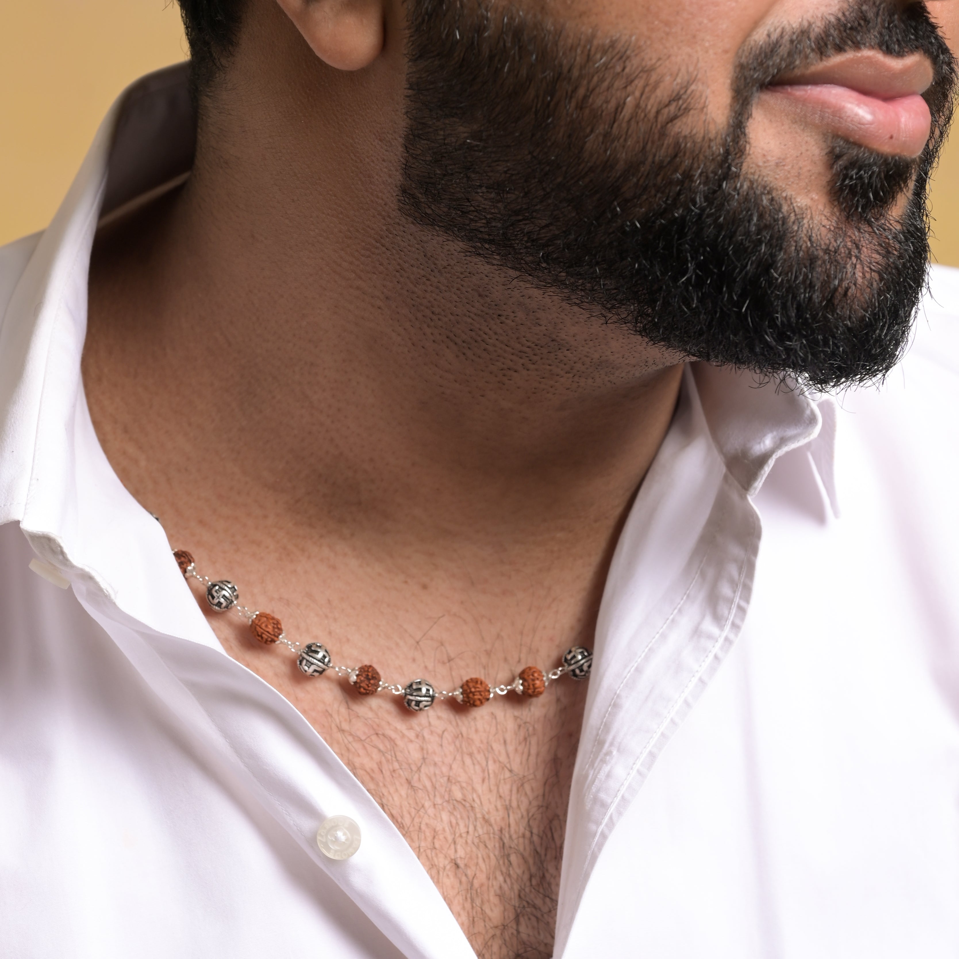 Rudraksha 925 Silver Maala with Swastik Beads
