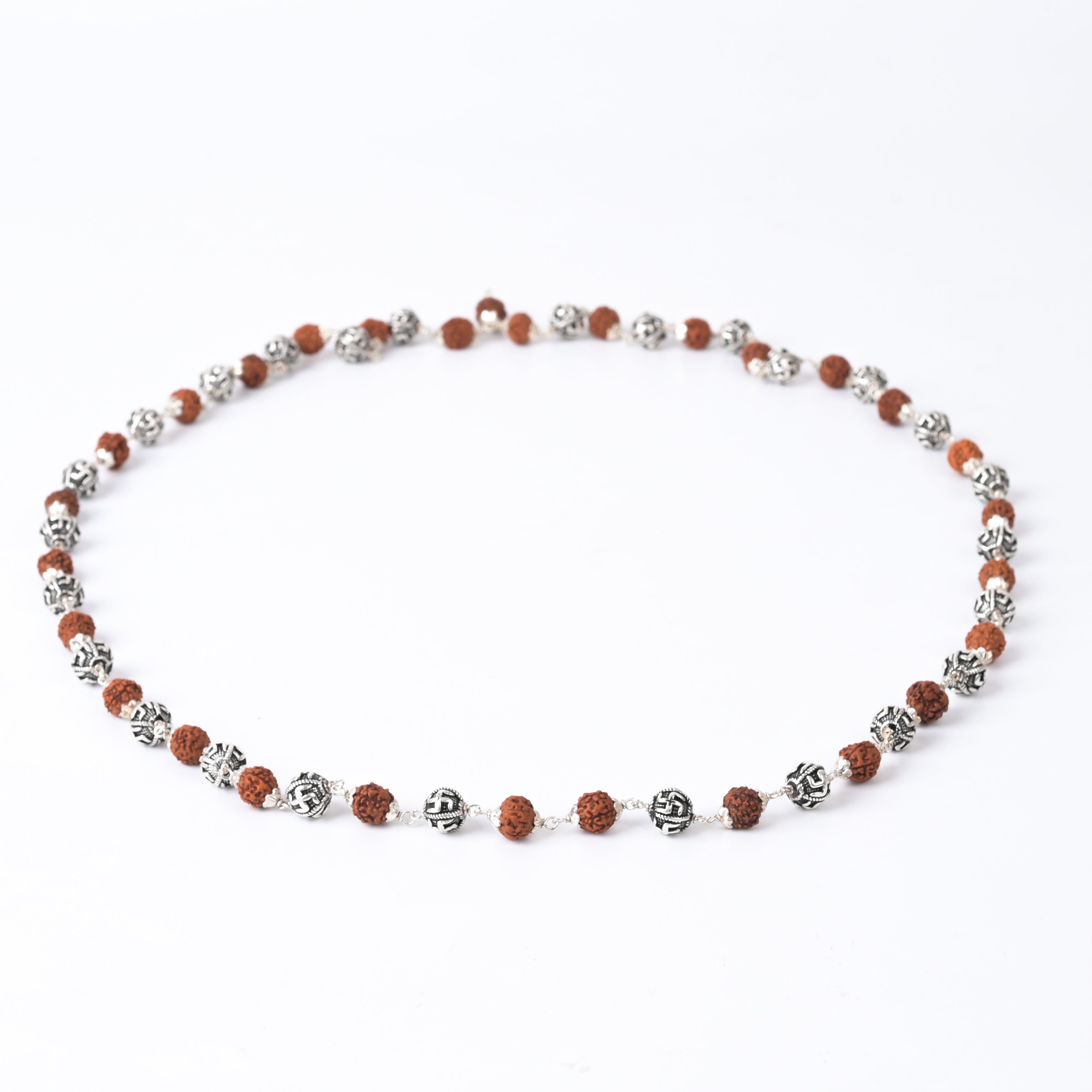 Rudraksha 925 Silver Maala with Swastik Beads
