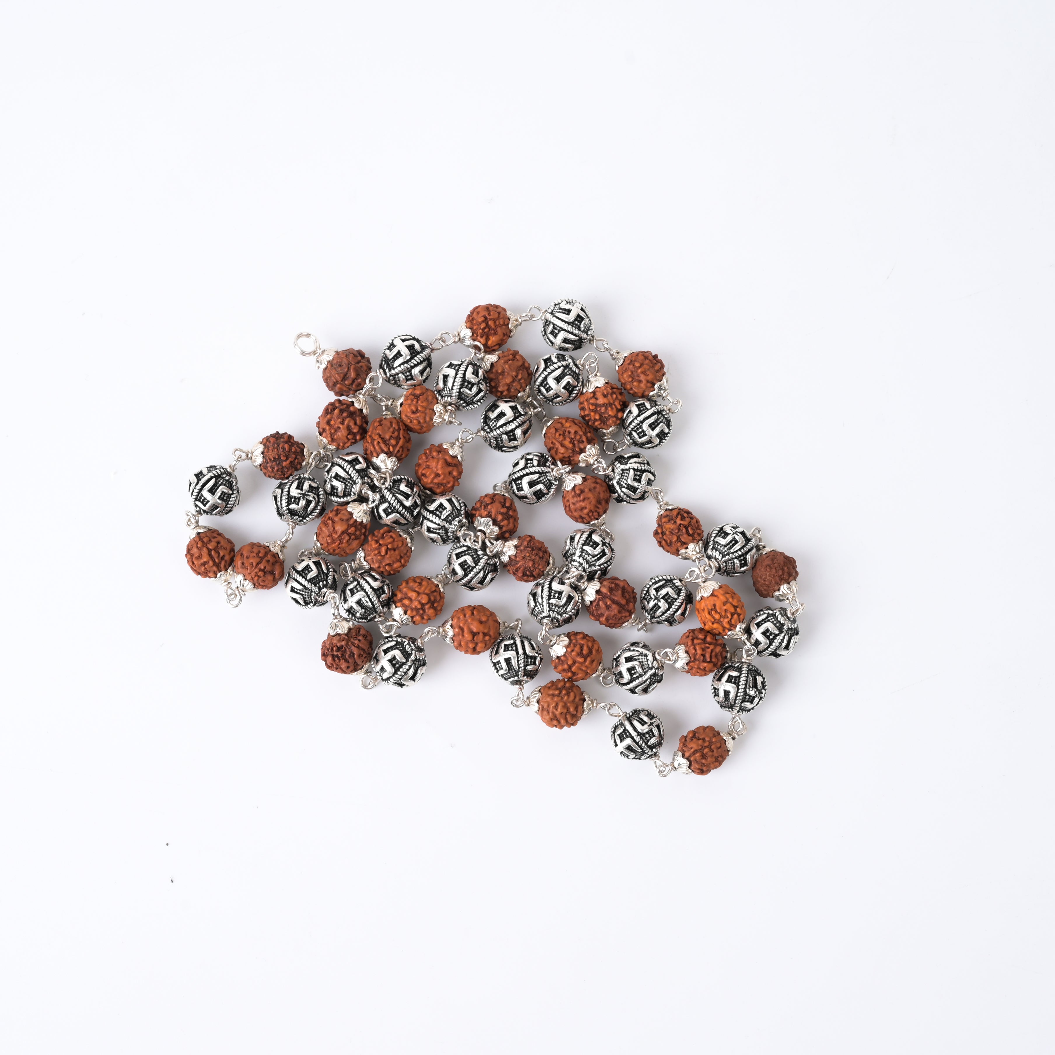 Rudraksha 925 Silver Maala with Swastik Beads