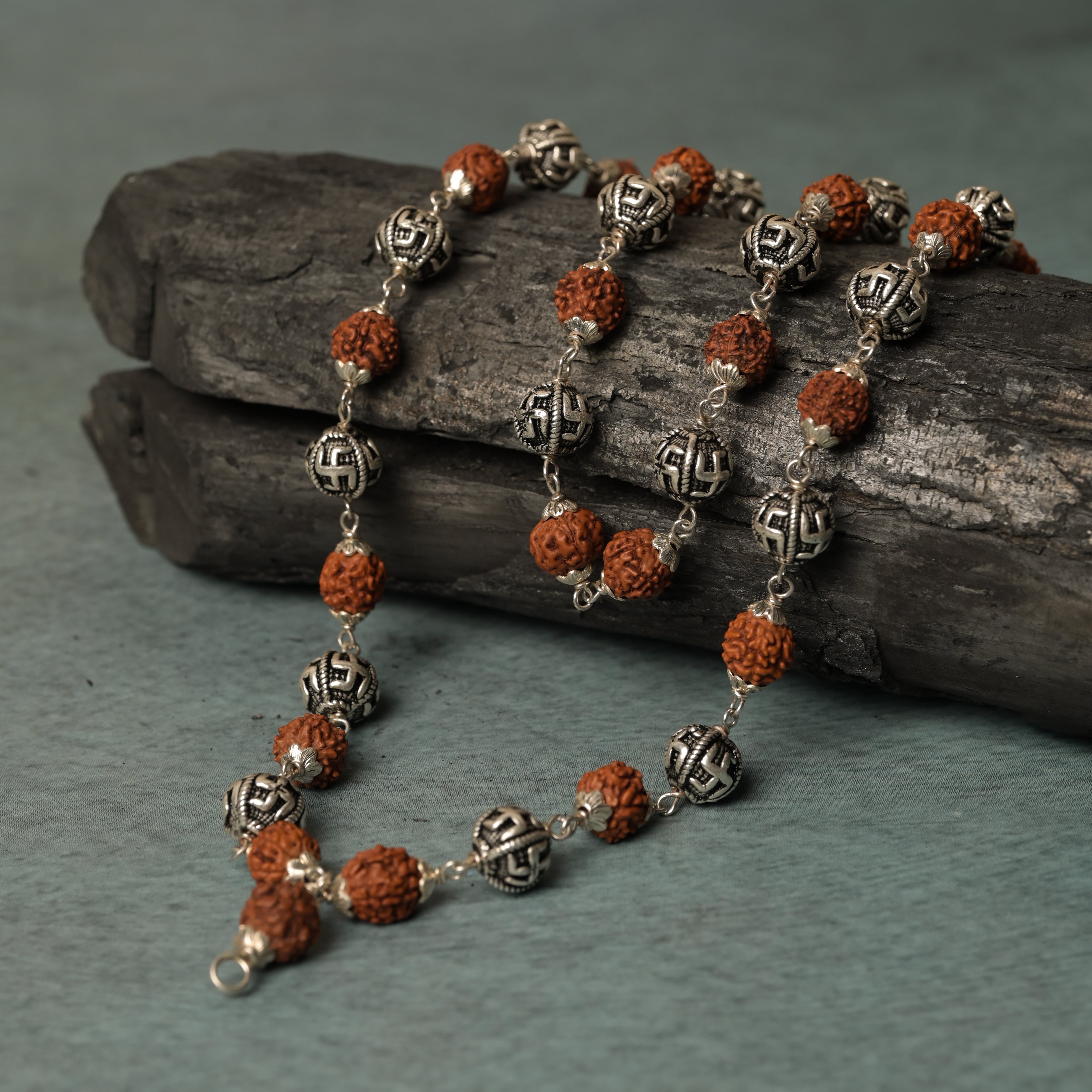Rudraksha 925 Silver Maala with Swastik Beads