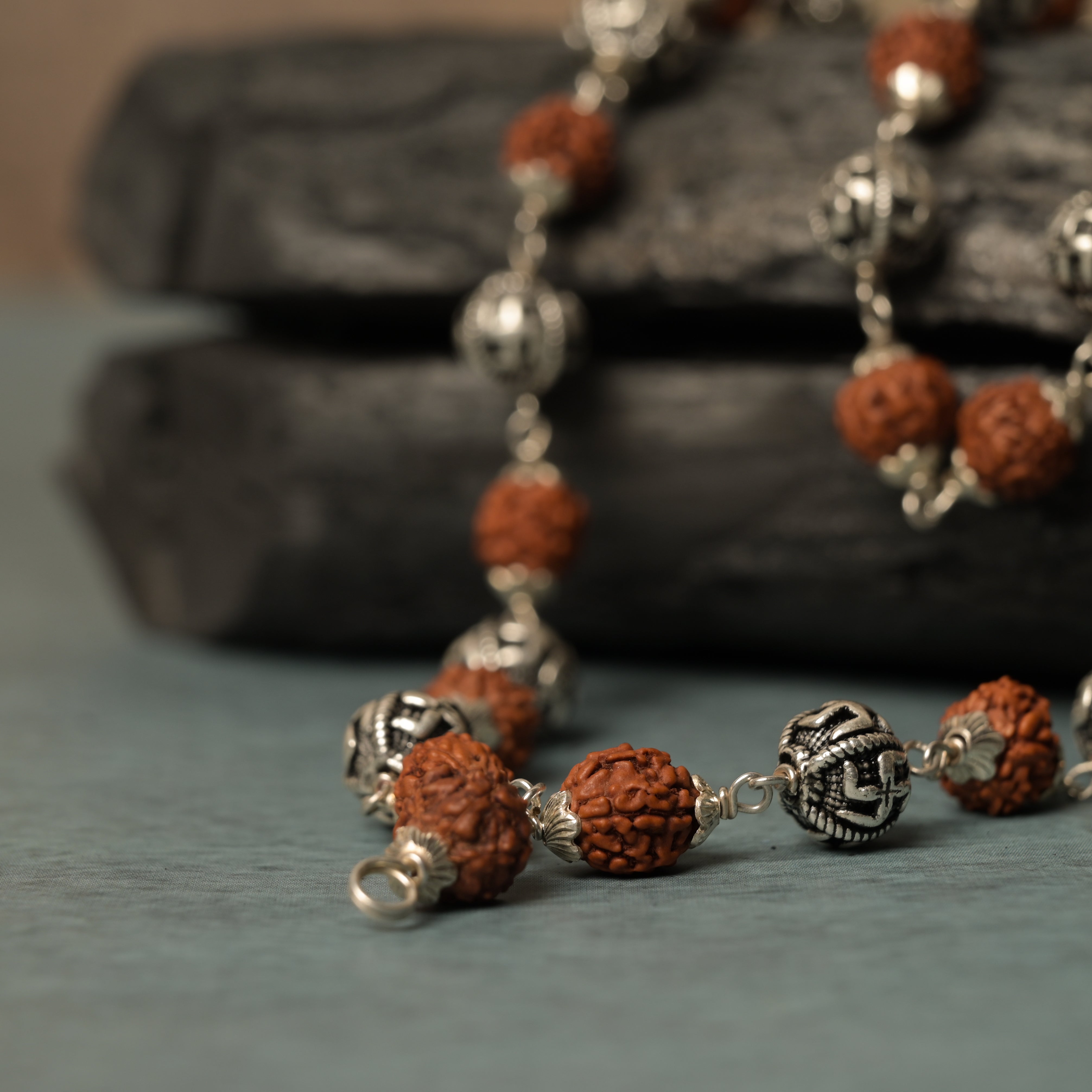 Rudraksha 925 Silver Maala with Swastik Beads