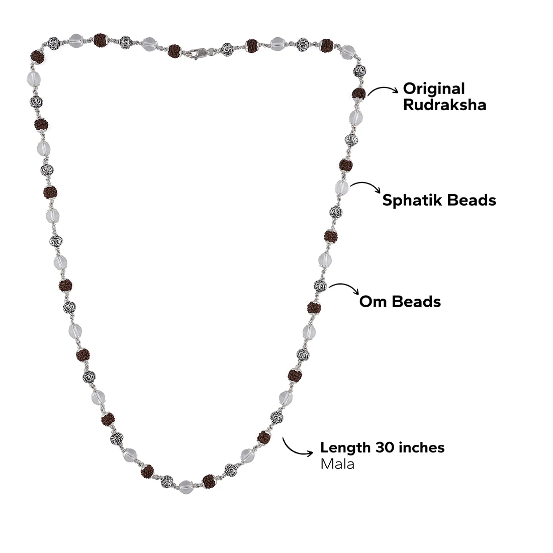 Rudraksha with Sphatik and Om 925 Silver Beads Mala