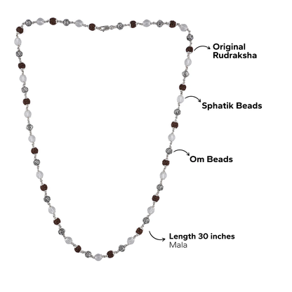 Rudraksha with Sphatik and Om 925 Silver Beads Mala