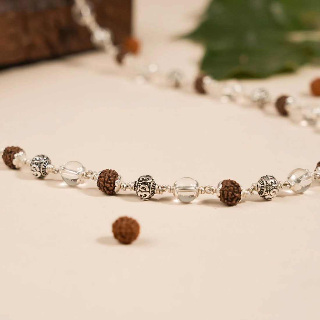 Rudraksha with Sphatik and Om 925 Silver Beads Mala