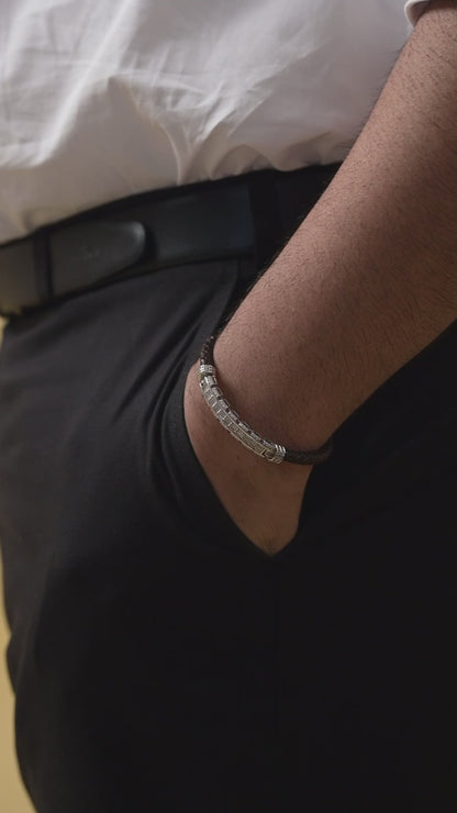925 Silver CZ Diamond Band With Classic Brown Leather Straps
